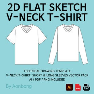 May include: A technical drawing of a white V-neck t-shirt with short sleeves and a long-sleeve version. The image includes the text "2D FLAT SKETCH V-NECK T-SHIRT" and "TECHNICAL DRAWING TEMPLATE". Vector pack includes AI, PDF, and PNG files.