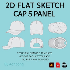 Könnte beinhalten: Eine technische Zeichnungsvorlage für eine 5-Panel-Kappe mit sechs verschiedenen Ansichten. Das Bild enthält den Text "2D FLAT SKETCH CAP 5 PANEL" und "TECHNICAL DRAWING TEMPLATE". Vektor-Paket enthält AI-, PDF- und PNG-Dateien.