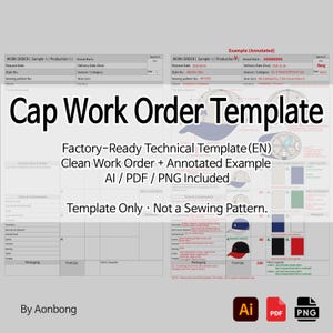 Peut inclure: Un modèle de bon de commande de casquette blanc et gris avec le texte "Factory-Ready Technical Template (EN)". Le modèle comprend un exemple annoté et est disponible aux formats AI, PDF et PNG. Le modèle n'est pas un patron de couture.