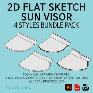 Puede incluir: Ilustración digital de cuatro viseras solares en diferentes estilos. La imagen incluye el texto "2D FLAT SKETCH SUN VISOR 4 STYLES BUNDLE PACK" y "TECHNICAL DRAWING TEMPLATE". También incluye el texto "4 STYLES & 5 VIEWS & COLORING EXAMPLE VECTOR PACK AI / PDF / PNG INCLUDED".