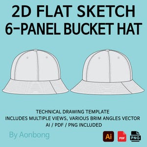6 Panel Bucket Hat Template – 3 Styles × 6 Views | Flat Sketch Set – Ai, Pdf, Png – Digital Download