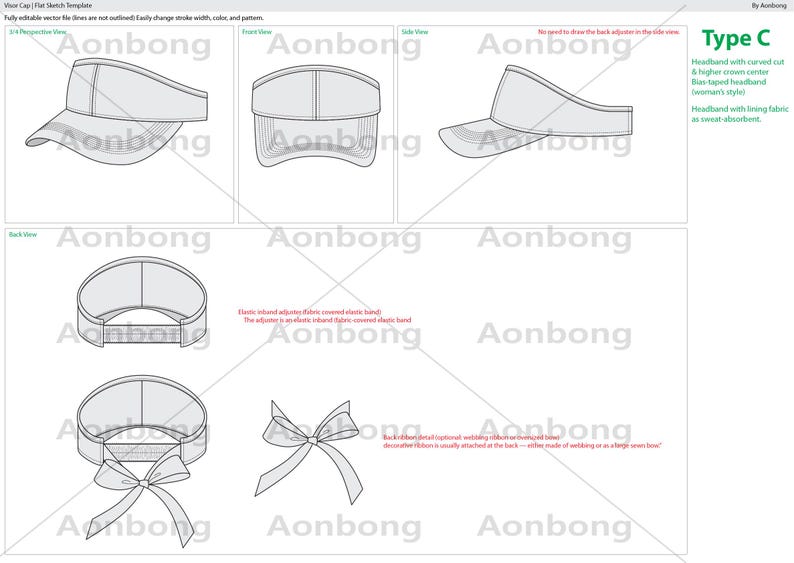 Visor Cap Flat Sketch Template: 4 Styles Bundle Pack (AI, PDF, PNG ...