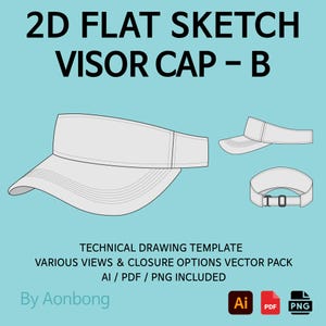 Puede incluir: Un dibujo técnico de una visera blanca, etiquetado como "2D FLAT SKETCH VISOR CAP - B". La imagen muestra múltiples vistas de la gorra, incluyendo la frontal, lateral y trasera. El texto incluye "TECHNICAL DRAWING TEMPLATE" y "VARIOUS VIEWS & CLOSURE OPTIONS VECTOR PACK."