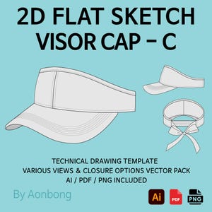 Puede incluir: Un boceto técnico de una visera, que muestra múltiples vistas y opciones de cierre. La imagen incluye un boceto plano 2D de la visera, con el texto "2D FLAT SKETCH VISOR CAP - C". La plantilla está disponible en formatos AI, PDF y PNG.
