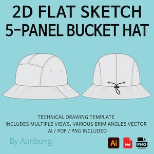 5 Panel Bucket Hat Template – 6 Views | Flat Sketch – AI, PDF, PNG – Digital Download