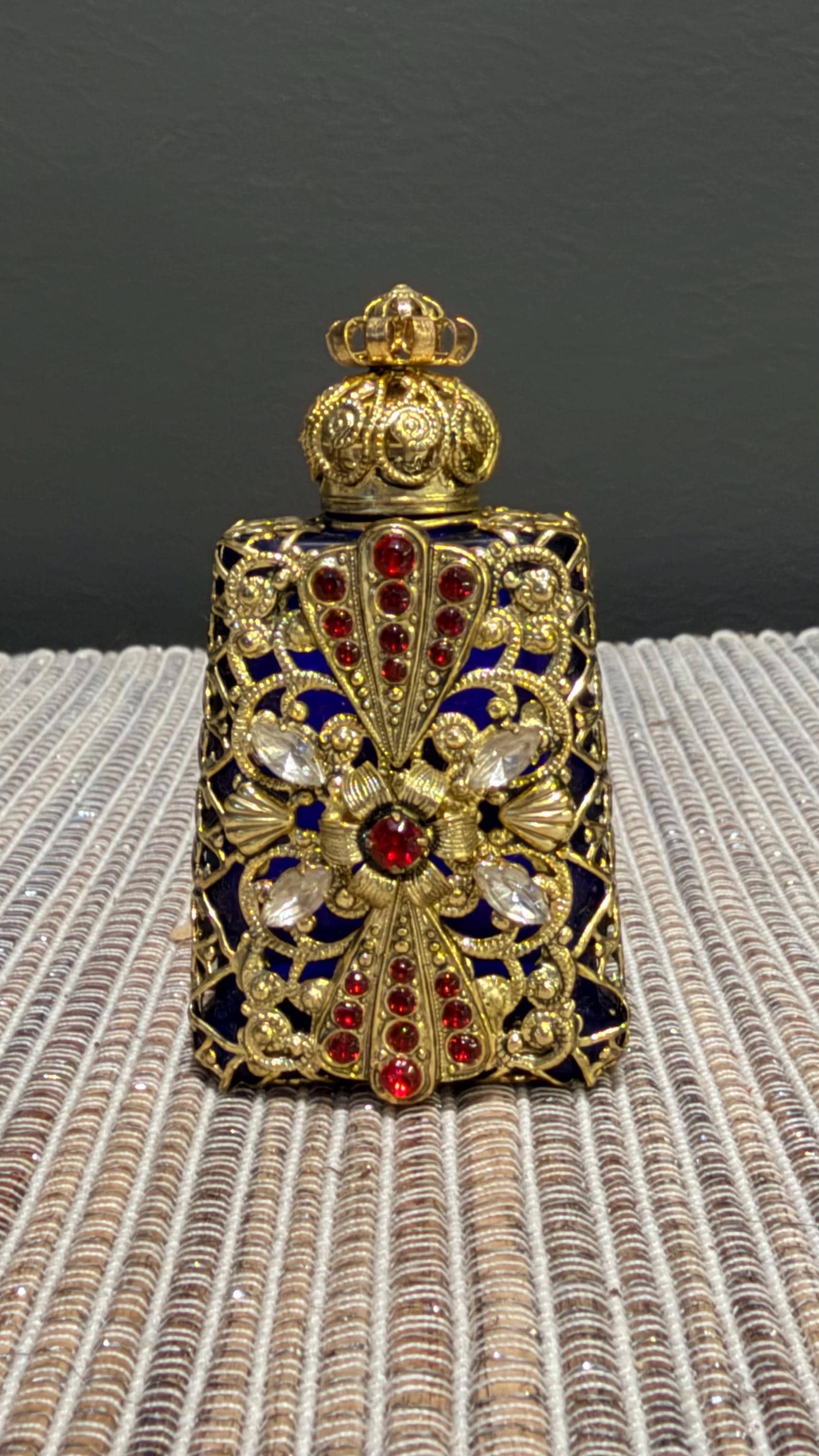 Vintage Bohemia Cobalt Blue Perfume Bottle - Hand Made Czech Republic Gold Filigree Cage & Crown Stopper 3" Bohemian Art Glass Vanity Decor