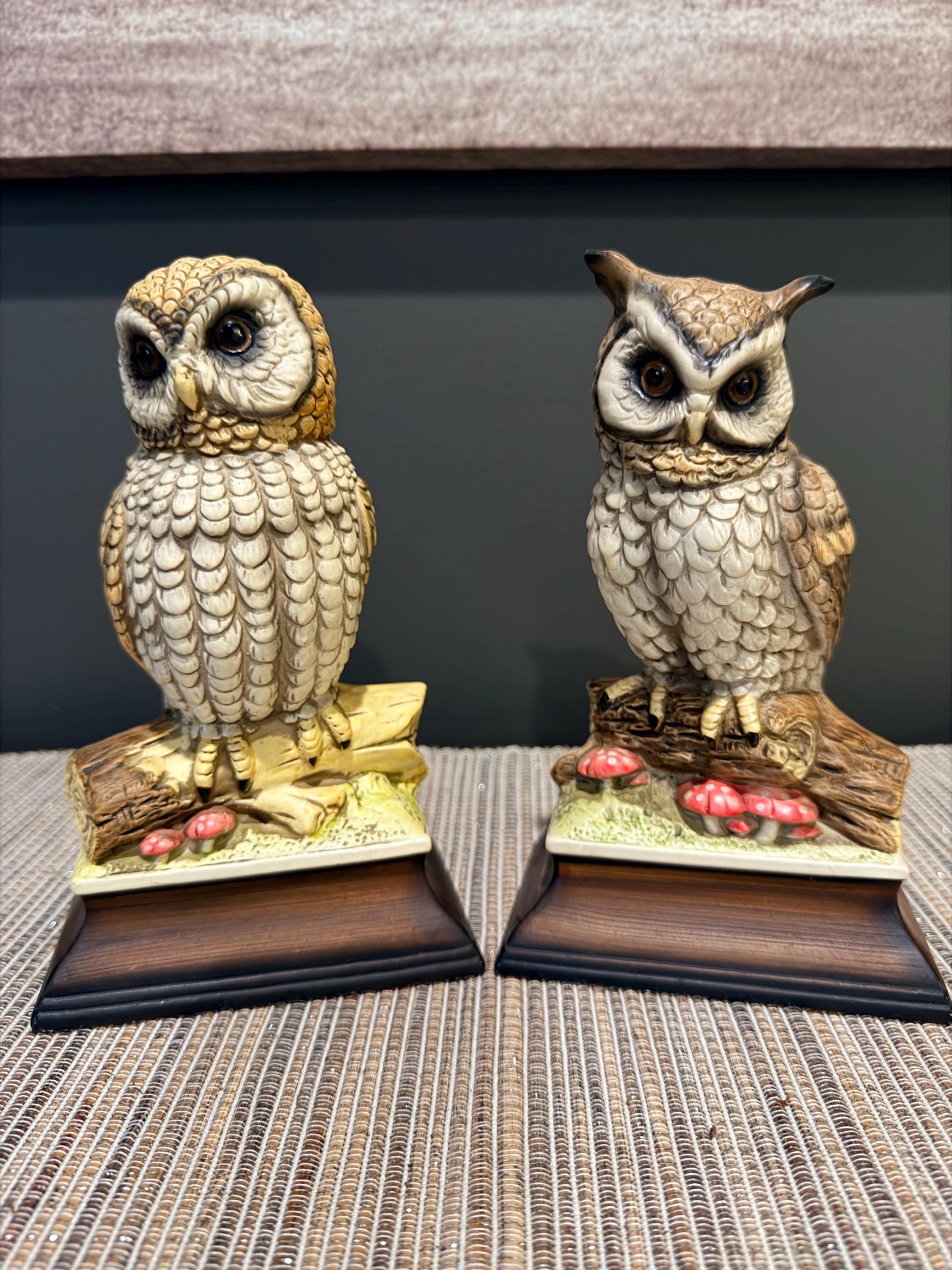 Vintage Homco Porcelain Owl Figurines - Set of 2 Great Horned and Barn Owl Statues  Mid-Century Mode
