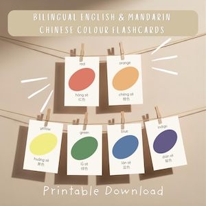 May include: Bilingual English and Mandarin Chinese colour flashcards hanging on a string with wooden clips. Each card features a colored oval and text in English, pinyin, and Chinese characters for red, orange, yellow, green, blue, and indigo.