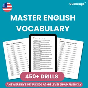 Puede incluir: Un recurso educativo digital titulado Master English Vocabulary que presenta tres páginas blancas con ejercicios de texto en negro sobre un fondo verde azulado. La tableta central muestra verbos compuestos, mientras que las páginas laterales cubren colocaciones.