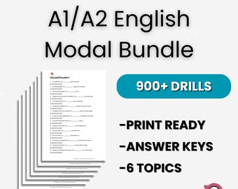 A1/A2 English Modal Verbs Bundle | 900 Practice Sentences | Printable PDF Worksheets | Can Could Must Should Have to Would