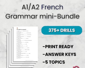 A1/A2 French Grammar Mini Bundle | 375+ Practice Sentences | Beginner FLE Printable Worksheets PDF