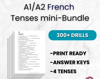 A1/A2 French Tenses mini-Bundle | 300+ Grammar Drills | Past, Present, Future | Grammar Worksheets Practice | Printable PDF