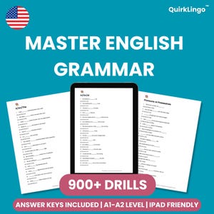 May include: A digital educational resource titled Master English Grammar featuring 900+ drills. The display shows a tablet screen centred between two white pages of exercises, with text including A/An/The, In/On/At, and Pronouns vs Possessives.