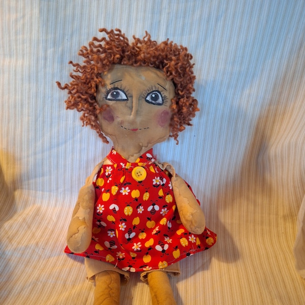 Extreme Grungy Raggedy Ann Doll, Bumblebee Sundress, Hand Painted Face, OOAK Collectible Doll, Handmade Cloth Doll, OFG, FAPM