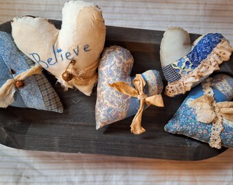 Set of 5 Patchwork Heart Bowl Fillers,Hand Embroidered, Believe, Grungy, Rusty Bell, Bow, OOAK Set, Primitive, Farmhouse Decor, FAPM