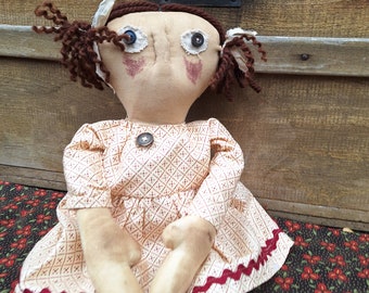 Folk Art Girl Doll, Shelf Sitter, Collectible Doll, One of A Kind, Handmade in USA, Cloth Doll, Decoration