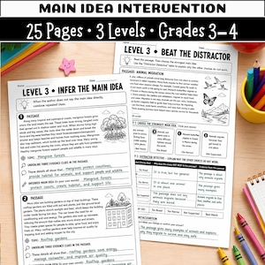 Könnte beinhalten: Zwei Arbeitsblätter mit den Titeln Level 3 Infer the Main Idea und Level 3 Beat the Distractor, mit schwarz-weißem Text, Lesetexten und Illustrationen von Mangrovenwäldern, Gebäuden und Tieren auf einer Holzoberfläche.