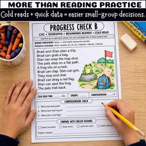 May include: A Progress Check B reading worksheet featuring a short story about Brad and Stan, a green frog illustration, a blue backpack, and a red flag. The page includes a comprehension check section with three questions and a cold read time tracker.