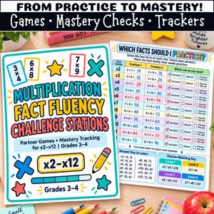May include: A multiplication fact fluency challenge station worksheet for grades 3-4, featuring colorful text, math equations, and star graphics. The document includes a practice table for x2 through x12 facts, an answer key, and a station-matching key.