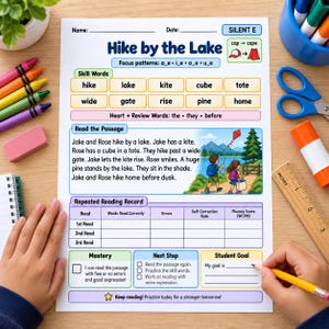 May include: A printed educational worksheet titled Hike by the Lake featuring a reading passage, skill words, and a repeated reading record. The page includes a colorful illustration of two children hiking near a lake, a list of words, and sections for tracking student progress, mastery, and goals.