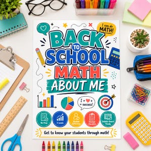 May include: A white educational poster titled BACK TO SCHOOL MATH ABOUT ME with colorful graphics including a pencil, calculator, bar chart, pie chart, and target. The text includes I can do MATH! and Get to know your students through math!