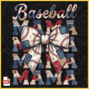 Fiocco patchwork Baseball Mama PNG, design per sublimazione Coquette Game Day (download digitale)