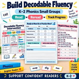 May include: Educational phonics materials for K-2 students including three printed worksheets with reading exercises, progress tracking charts, and teacher notes. Three small cards labeled map, dig, and sun are displayed alongside two stacked books.