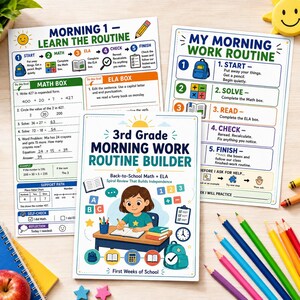 May include: A 3rd Grade Morning Work Routine Builder educational set featuring three printed sheets with math and ELA exercises, a central illustration of a student at a desk, and colorful icons including a backpack, clock, and calculator.