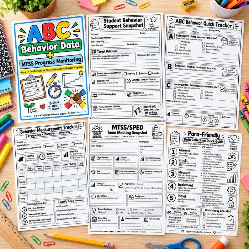 May include: A collection of six educational behavior tracking and data collection forms printed on white paper. The sheets feature black text, checkboxes, and tables for recording student progress, including titles like ABC Behavior Data and MTSS.