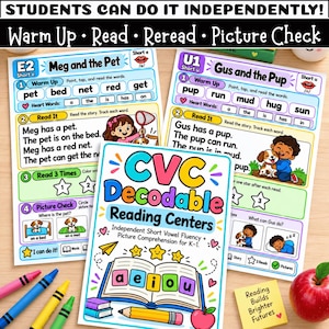 Puede incluir: Hojas de trabajo de lectura educativas tituladas CVC Decodable Reading Centers, Meg and the Pet y Gus and the Pup. Las páginas presentan texto colorido, ilustraciones de niños y mascotas, iconos de estrellas para el progreso y listas de palabras.
