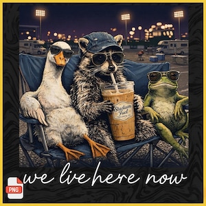 Vi bor här nu – Tvättbjörn, gås, groda, baklucka PNG (digital nedladdning)