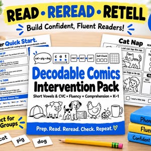 Op de afbeelding: Een Decodable Comics Intervention Pack educatieve set met zwart-wit werkbladen met illustraties van een varken, hond, kip en kat. Bevat een handleiding voor de docent, kleine woordkaartjes met cat, pig, dog en een geel potlood.