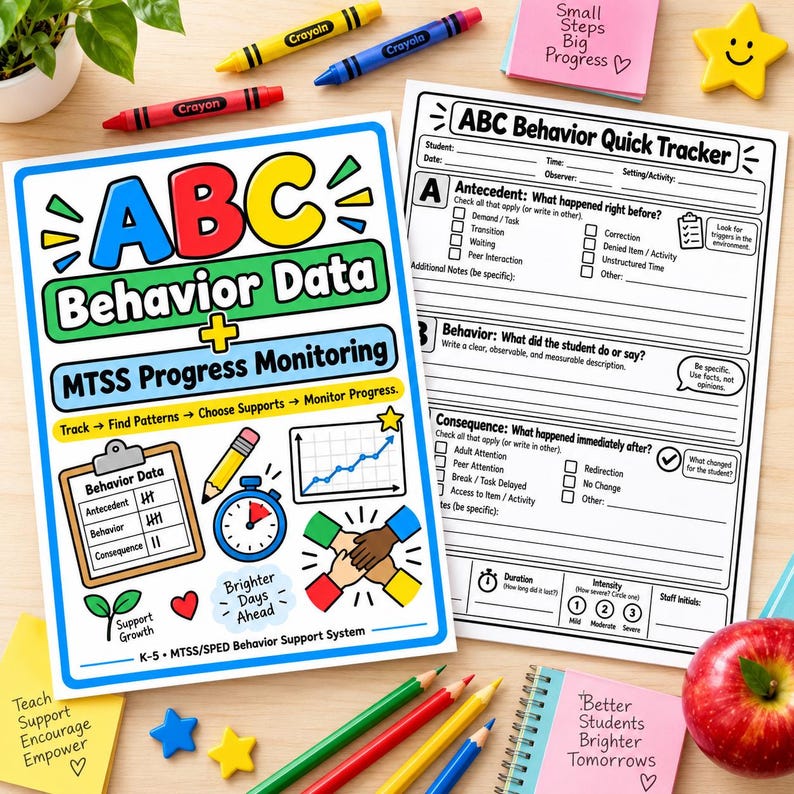 May include: Two printed educational documents titled ABC Behavior Data and ABC Behavior Quick Tracker. The pages feature colorful graphics including a clipboard, a pencil, a clock, a graph, and hands joined together, alongside various school supplies.