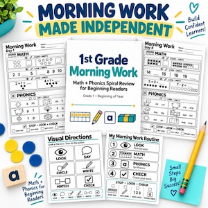 May include: A collection of 1st Grade Morning Work educational worksheets featuring maths and phonics exercises, visual direction cards, a routine checklist, yellow and blue circular counters, a wooden letter block, and a yellow pencil.