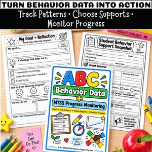 May include: A collection of educational worksheets for behavior tracking and progress monitoring. The documents feature headers like 'My Goal + Reflection' and 'Student Behavior Support Snapshot' with black text on white paper and colorful graphics.