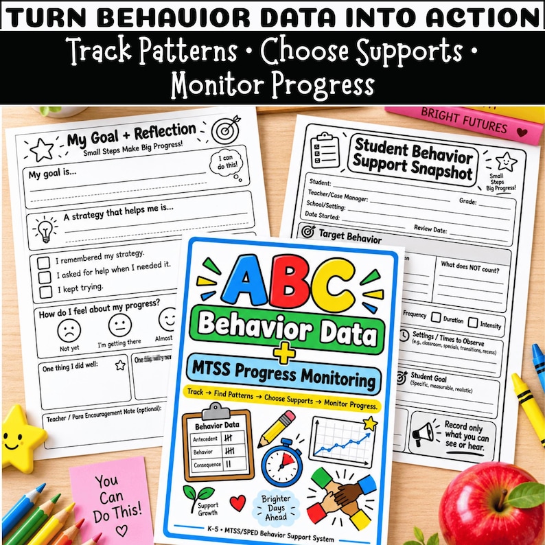 May include: A collection of educational worksheets for behavior tracking and progress monitoring. The documents feature headers like 'My Goal + Reflection' and 'Student Behavior Support Snapshot' with black text on white paper and colorful graphics.