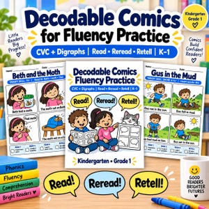 May include: Educational Decodable Comics for Fluency Practice worksheets for kindergarten and grade 1 pupils. The materials feature CVC and digraph exercises, including stories like Beth and the Moth and Gus in the Mud, with colourful illustrations and reading prompts.