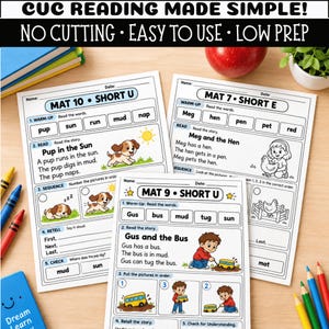 May include: Three educational reading worksheets titled CUC READING MADE SIMPLE! NO CUTTING • EASY TO USE • LOW PREP. The pages feature word lists, short stories with illustrations of a puppy, a child with a hen, and a child with a bus, plus sequencing tasks.
