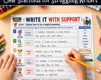 Paragraph Writing Intervention Toolkit, Grades 3–5 Scaffolded Writing Worksheets, Special Education PDF