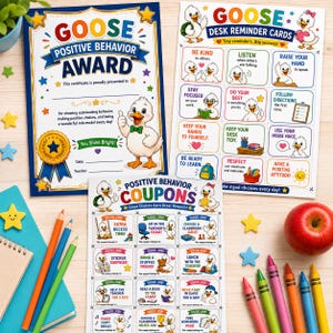 Könnte beinhalten: Ein Goose Positive Behavior Award Zertifikat, ein Bogen mit Goose Desk Reminder Cards und ein Bogen mit Positive Behavior Coupons, verziert mit Zeichentrickgänsen, buntem Text und Illustrationen von schulischen Aktivitäten.