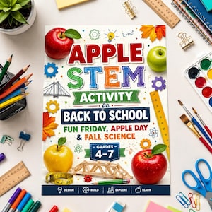 May include: A rectangular educational activity book titled APPLE STEM ACTIVITY FOR BACK TO SCHOOL, featuring illustrations of red, green, and yellow apples, a wooden bridge, gears, and leaves. The text includes FUN FRIDAY, APPLE DAY & FALL SCIENCE.