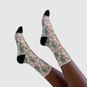 Whimsical Crew Socks Colorful Nature-Inspired Pattern | Fun Art Socks | Botanical Gift for Her or Him