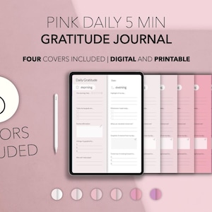 Könnte beinhalten: Ein digitales und druckbares Dankbarkeitstagebuch mit vier Covern in verschiedenen Rosatönen. Das Tagebuch wird auf einem Tablet angezeigt, mit einem weißen Stift und sechs Farboptionen. Der Text auf dem Bild lautet "Pink Daily 5 Min Gratitude Journal."