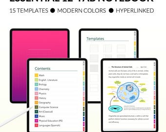 Colorful 12-Tab Digital Notebook | Hyperlinked PDF, 15 Templates (GoodNotes, Notability)