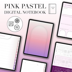 Könnte beinhalten: Digitales Notizbuch in Rosa und Lila mit einem Farbverlauf im Hintergrund. Das Bild zeigt mehrere digitale Notizbücher mit verschiedenen Layouts und Vorlagen. Der Text "PINK PASTEL DIGITAL NOTEBOOK" steht oben.