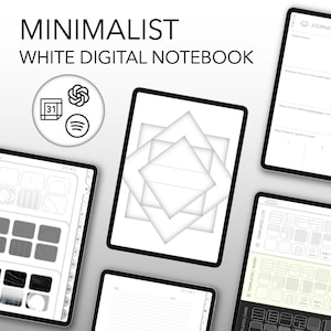 Peut inclure: Un cahier numérique blanc minimaliste affiché sur plusieurs tablettes. Les tablettes présentent divers modèles et pages de journal. L'image comprend des icônes pour un calendrier, un symbole en spirale et un symbole musical.
