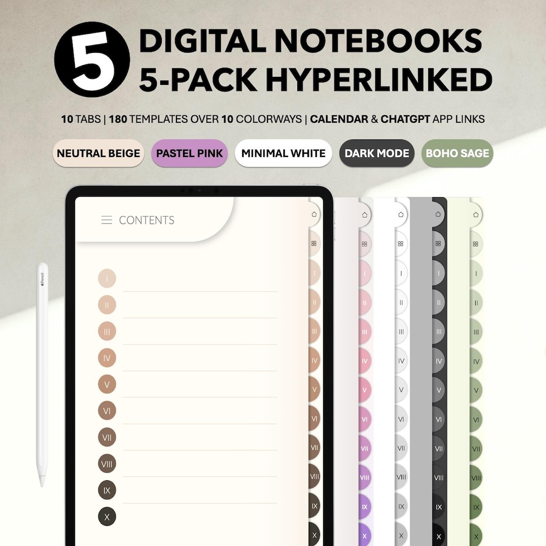 IPad Digital Notebooks 5-pack | Hyperlinked Tabs, Neutral & Pastel (PDF ...