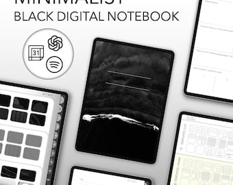 Minimalist Black Digital Notebook | Hyperlinked Planner, 54 Templates (PDF)