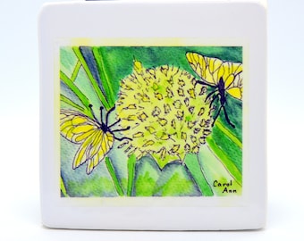 Watercolor butterfly cup coaster by Carol Ann