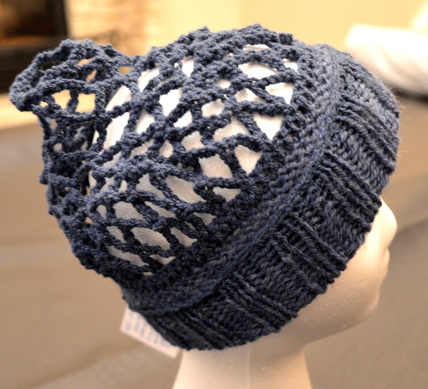Knit hat with crocheted net for long hair or dreds Etsy